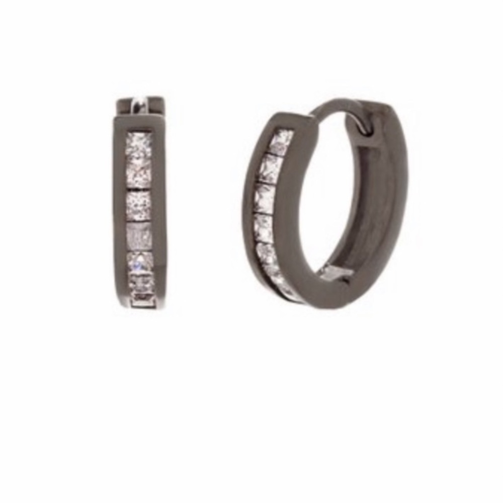 NEW• Swarovski Unique Gunmetal Crystal Silver Huggie Hoop Earrings